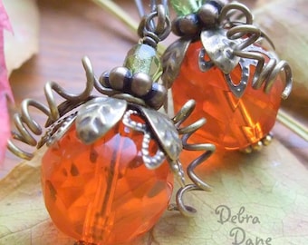 Pumpkin Earrings Orange Pumpkin Earrings Antiqued Brass Vintage Style