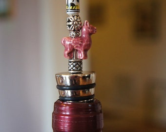 Wine Stopper with Rose Ceramic Llama Bead