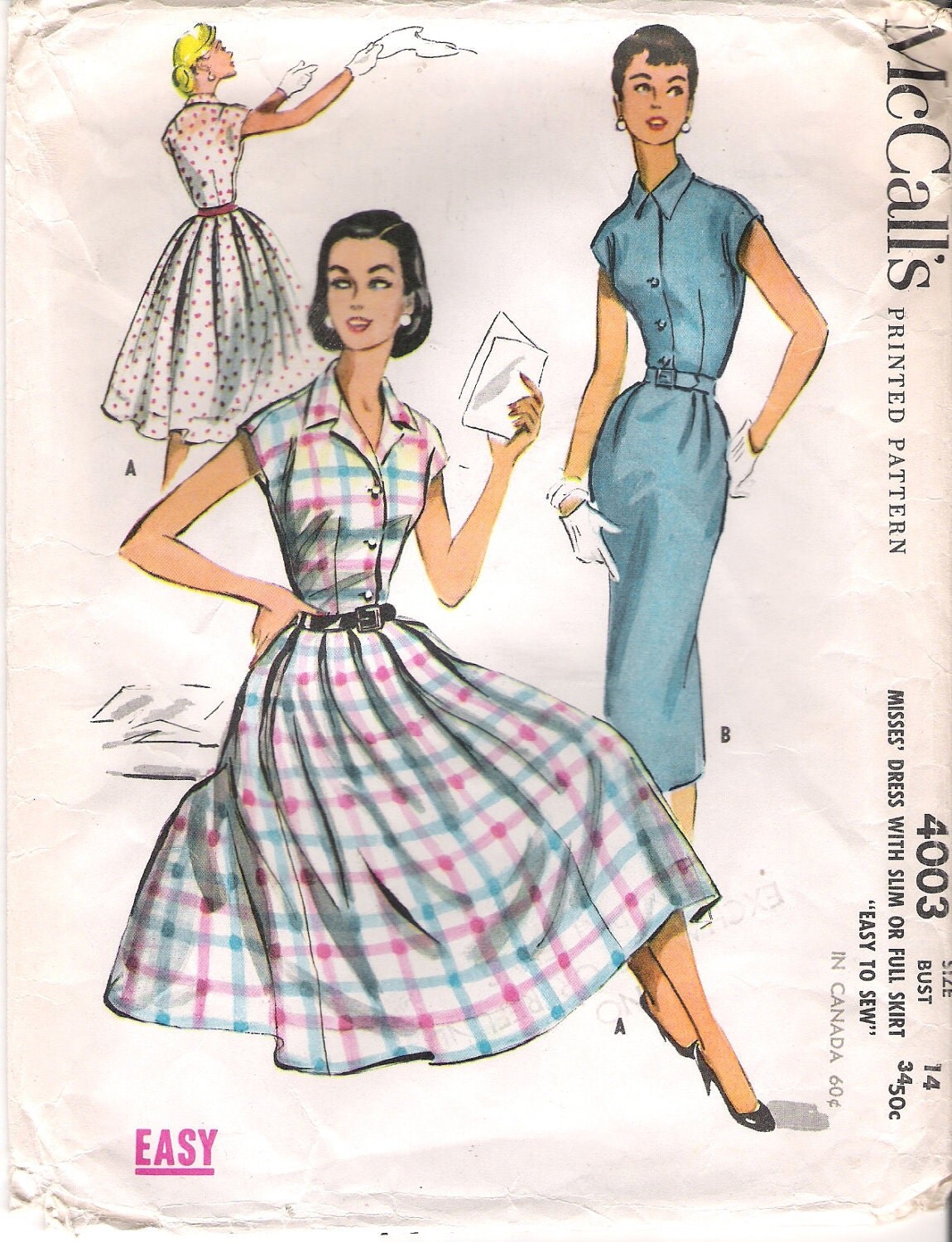 Vintage McCalls Sewing Pattern 4003 1950s Mad Men Button Down