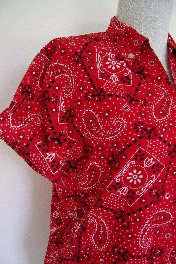 Red bandana print button down ladies shirt by vintagesensibilities