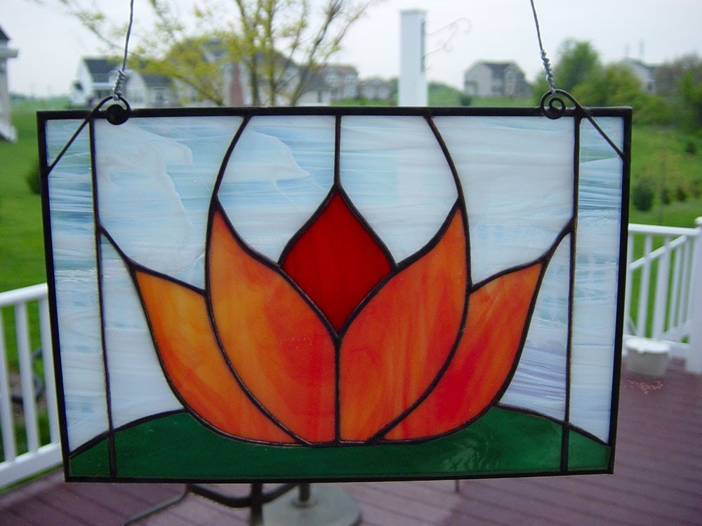 Original Design Small Stained Glass Panel Lotus Flower by