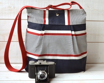 Stockholm Diaper bag BLUE Denim navy ,Red and Ecru Pleated French Messenger - COTON Water Resistant - 10 Pockets