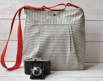 Water proof STOCKHOLM Diaper bag Gray and Ecru Ticking striped Pleated French Messenger - 10 Pockets