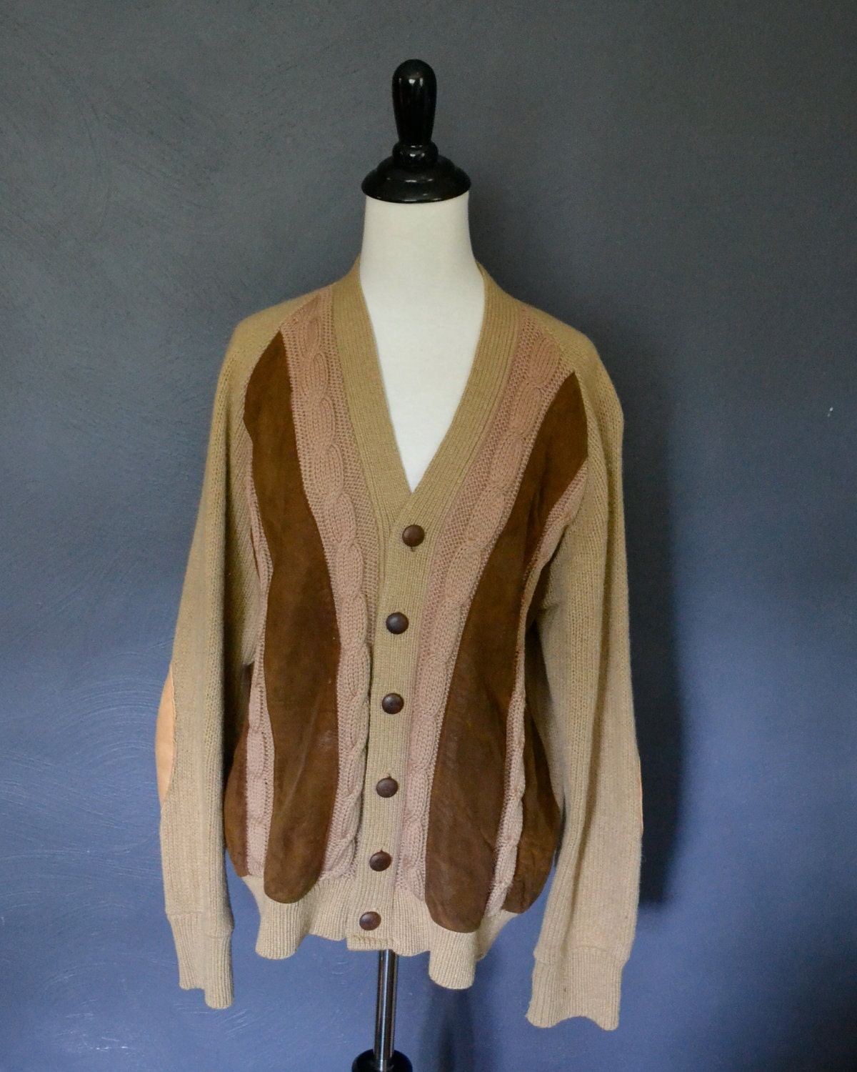 Vintage Tan Grandpa Cardigan with Suede Elbow Patches