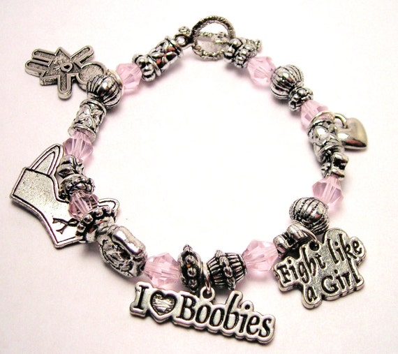 Items similar to I Love Boobies Hand Beaded bracelet Breast Cancer