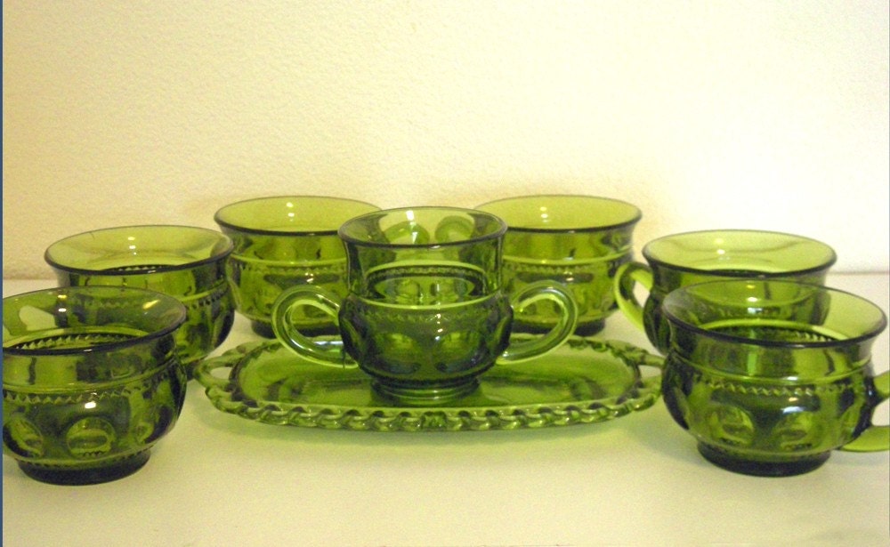 avocado green pressed glass tea set in king's crown