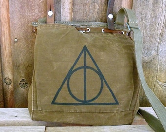 Vintage Canvas and Leather Military Bag Satchel - Hand Painted Art.