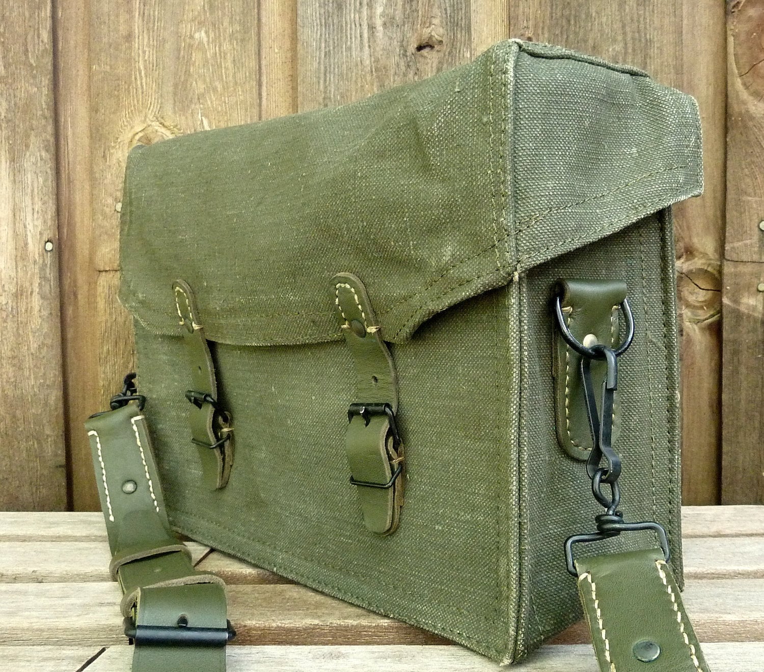 Canvas and Leather Messenger Bag Vintage French Military