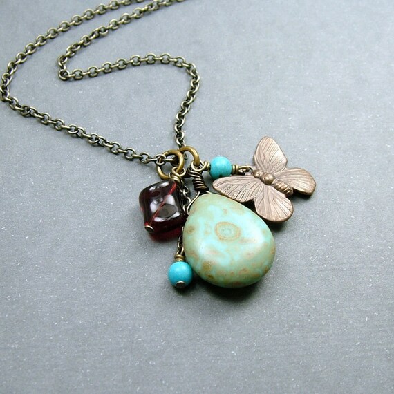 Gypsy Butterfly Charm Necklace Brass and Glass by RoseAndRaven