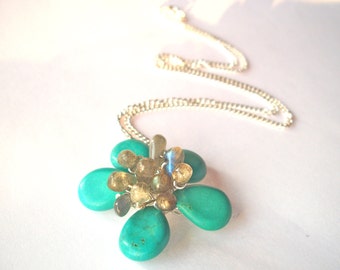 Turquoise flower necklace wire wrapped with labradorite, gemstone flower pendant necklace with silver chain, bead flower necklace