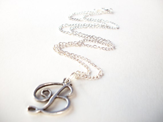 Initial B Necklace Letter B Jewelry Antiqued Script Silver