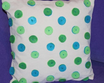 Pillow Cotton Novelty - 16 inch - Felt Polka Dots - Beaded - Turquoise Blue and Green