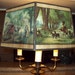 RESERVED for Ahmad-Vintage Brass Three Bulb Table Lamp with Hexagonal Shade Depicting Two Victorian Scenes