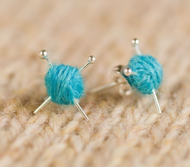 Knitting Needles & Ball of Wool Earrings Blue yarn studs