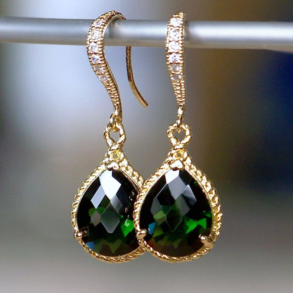 Emerald Green Jeweled Teardrop Earrings in Gold