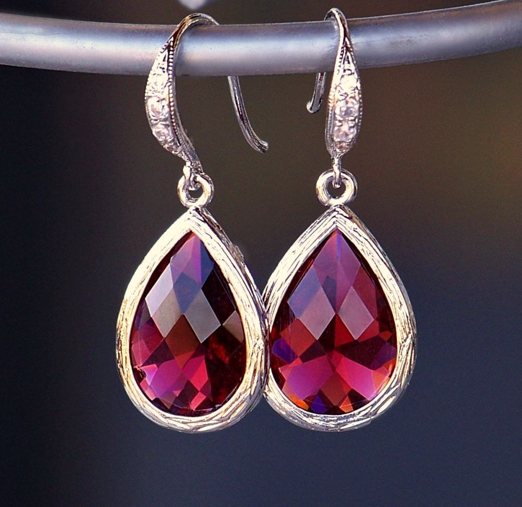 Ruby Red Crystal Teardrop Earrings In Silver 