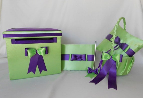 Lime Green Purple Flower Girl Basket Ring Bearer Pillow Card Box Guest Book  Pen Set Wedding accessories Your Colors