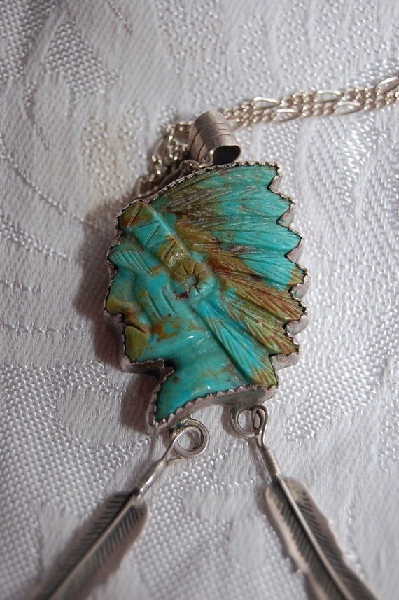 Native American Indian Chiefs Head Carved In Turquoise And Set 