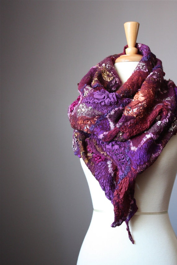 Nuno Felted scarf Wool Silk Plum Purple Brown wine collage