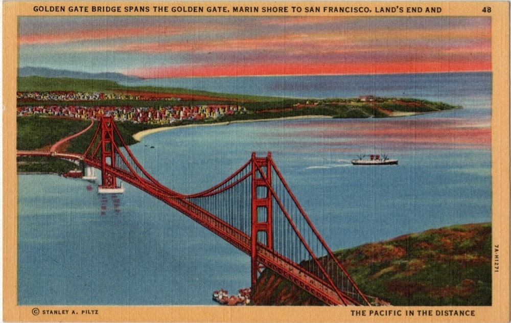 Vintage California Postcard Golden Gate Bridge at Sunset