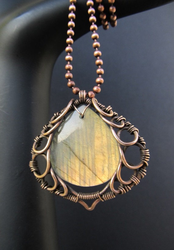 yellow brown labradorite bronze necklace wire wrapped gold