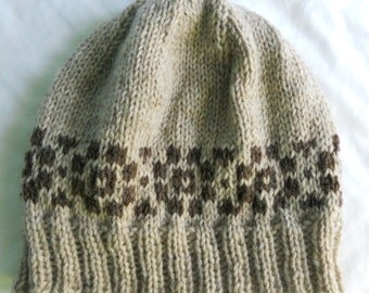 Men's Wool Winter Hat - Oatmeal with dark brown Fair Isle border