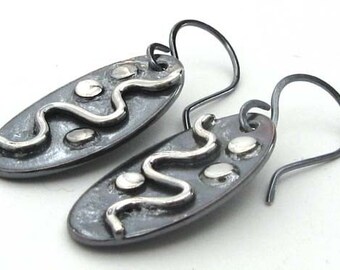 Clearance sale. Artisan oxidized copper & sterling silver oval rustic earrings. Urban waves and dots. Funky mixed metal. Bathtub Gin.
