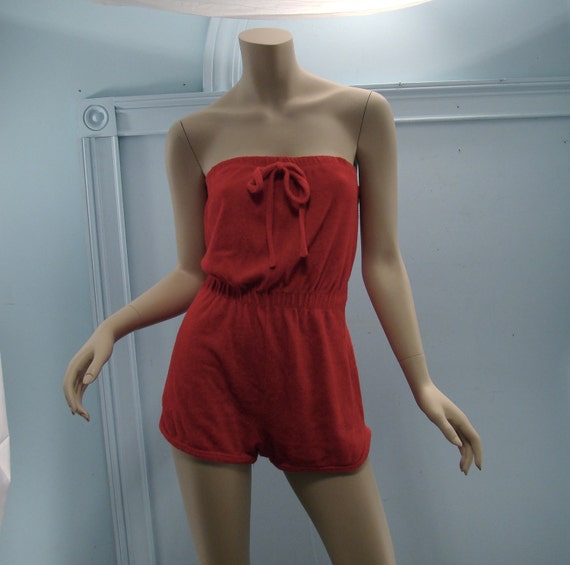 Terry Romper in Red Strapless Beach Wear 1970's