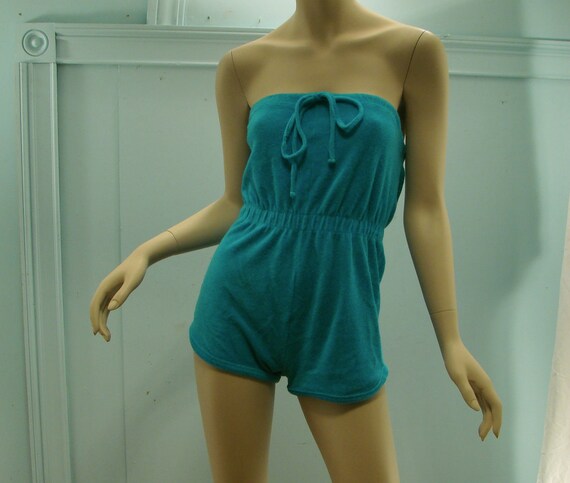 Terry Romper in Turquoise Strapless Beach Wear 1970's