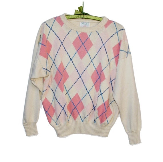 80s Vintage Benetton Argyle Sweater Unisex Small Med .. Ivory Pink 
