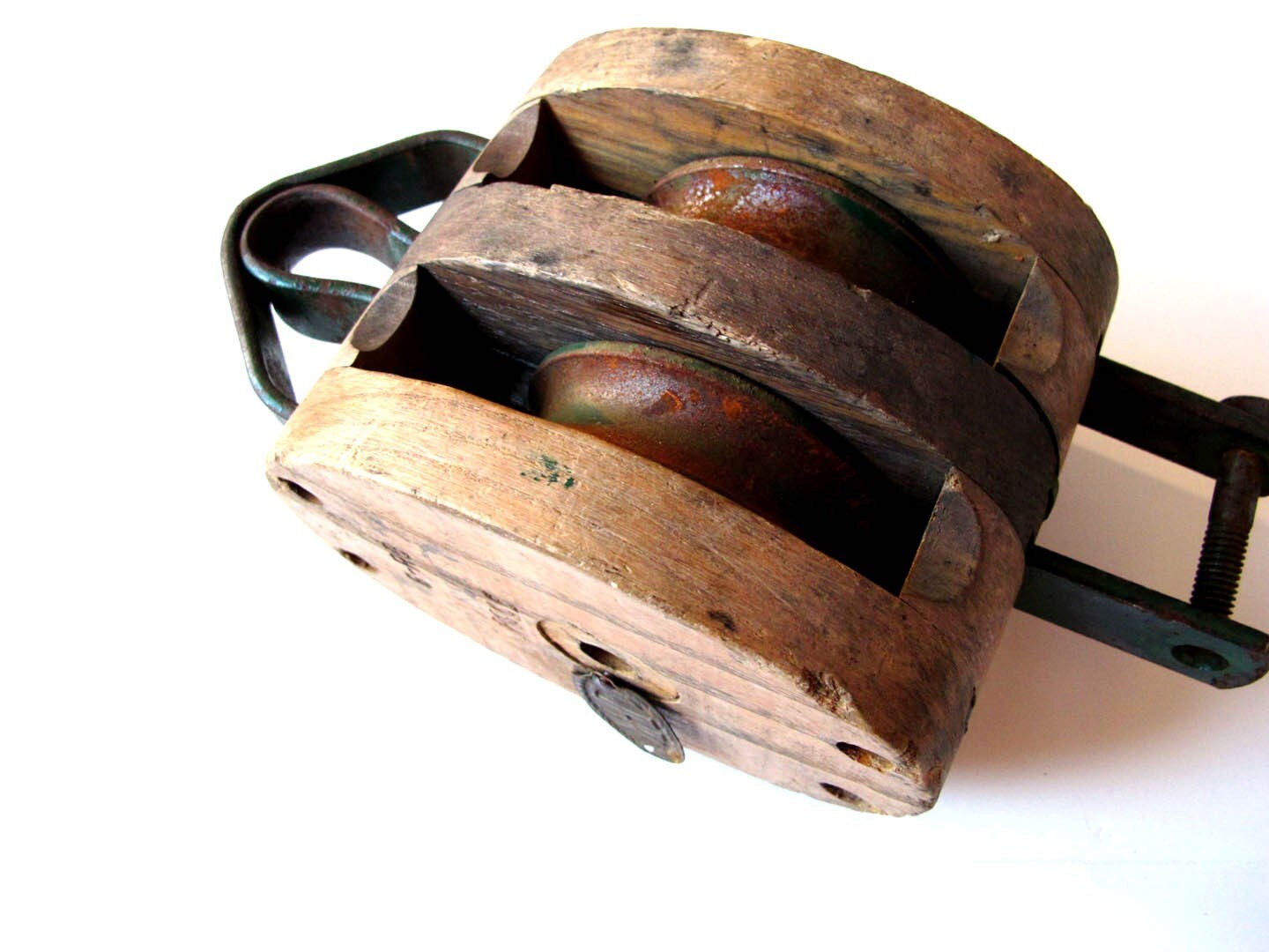 Large Rustic UW Double Pulley Wood and Metal by BlueRoseRetro