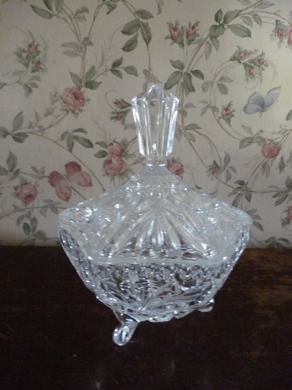 SALE Vintage Pressed Glass Footed Candy Dish With Lid