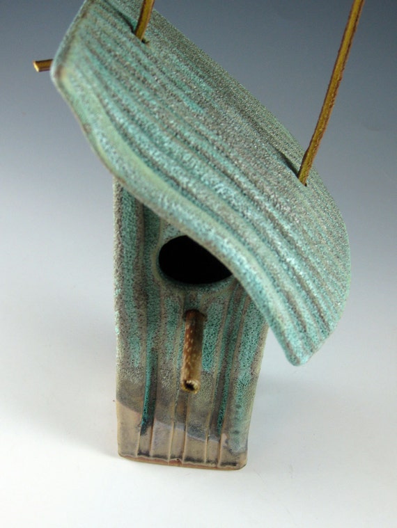 Ceramic Bird House / Weathered Bronze Green / Tin Pan Alley / Angle 