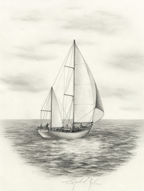 sailboat original pencil drawing