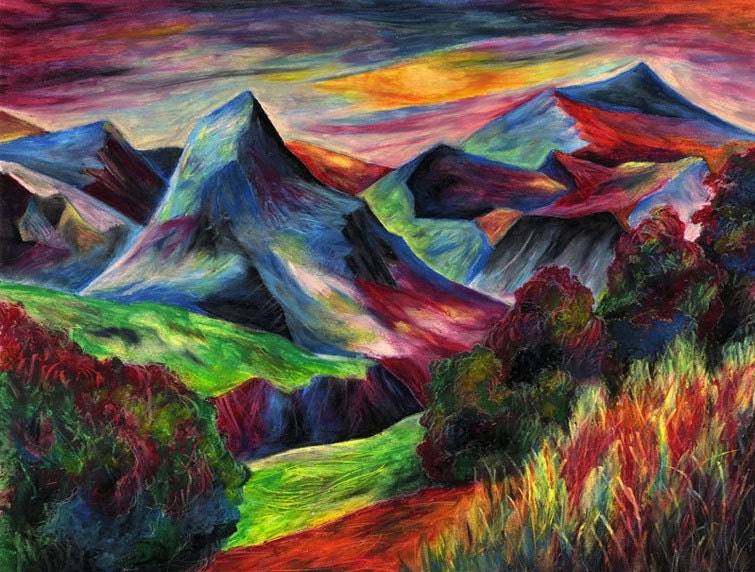 Rainbow Landscape original oil pastel drawing