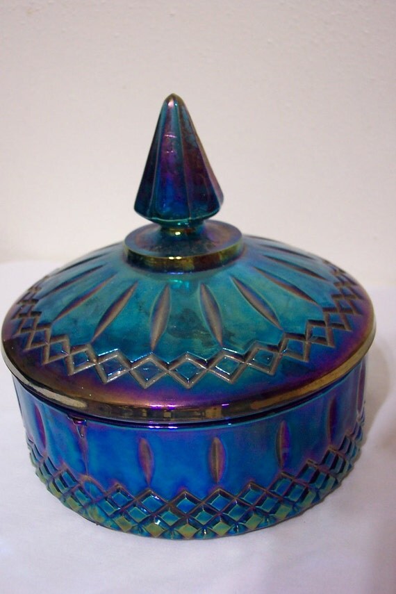 Blue Carnival Glass Covered Candy Dish from the 1960s