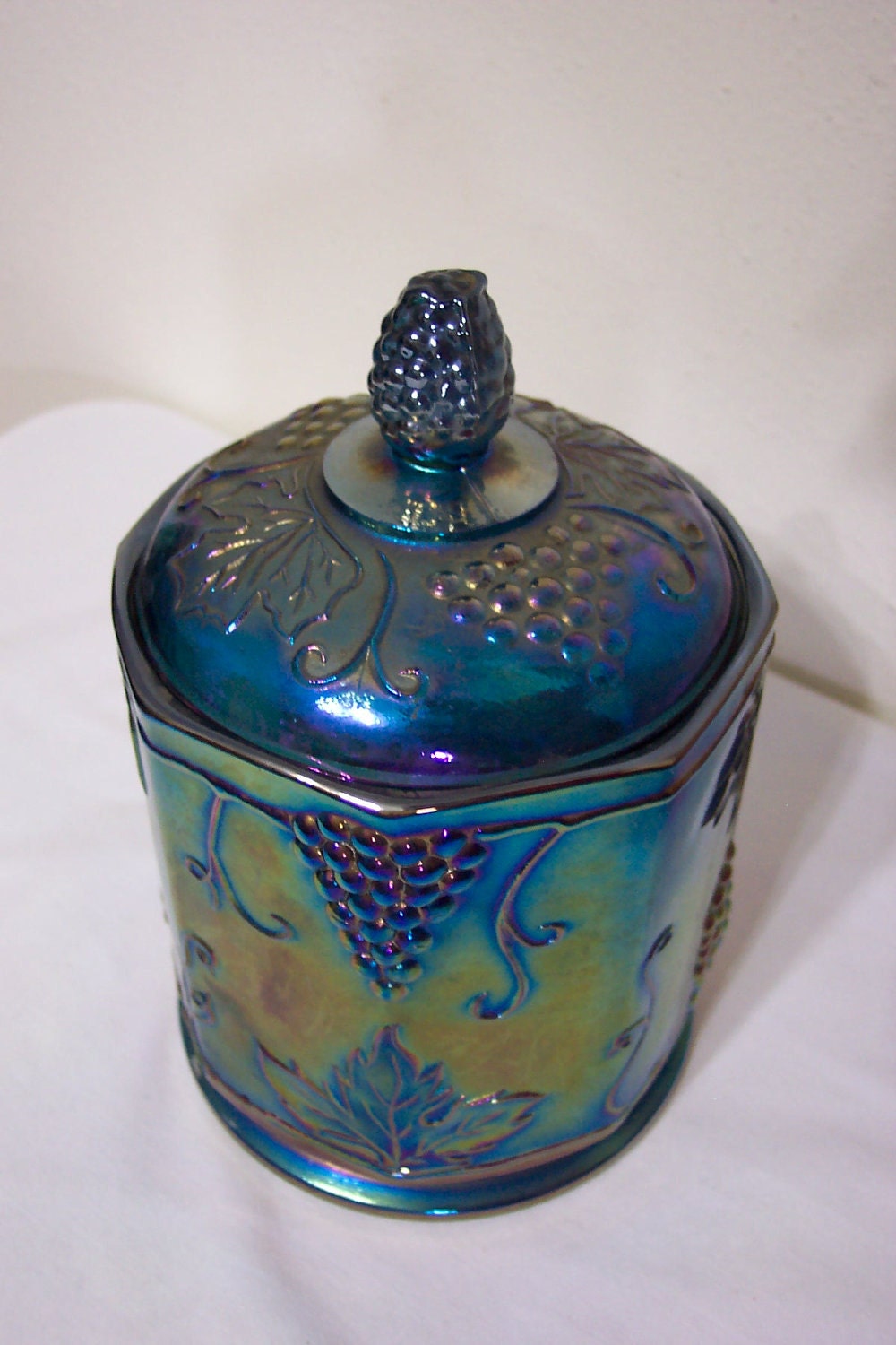 Blue Carnival Glass Biscuit Jar Cracker Barrel Candy Dish