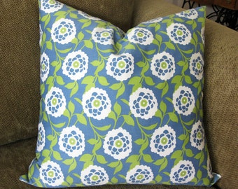 Decorative Pillow Cover, 18" x 18", in Blue, Green and White Floral Design