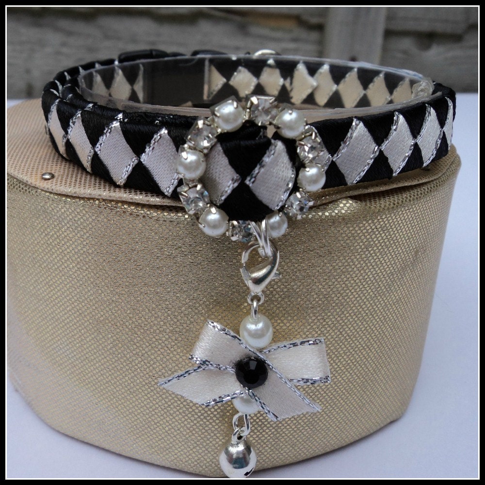 Cat Collar Black and Ivory Breakaway with Diamante Buckle