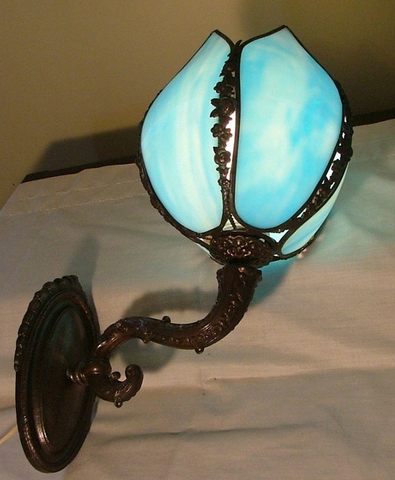 Vintage Blue Stained Bent Glass Wall Light Sconce by ...