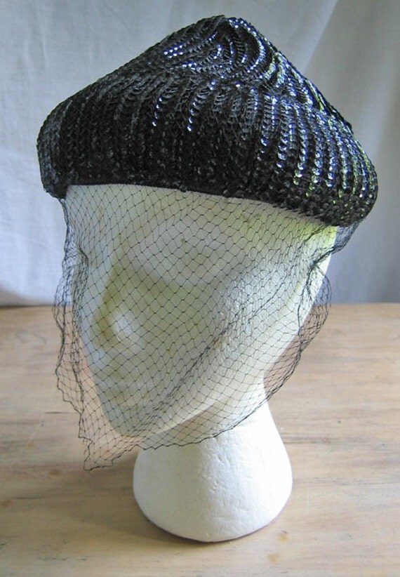 Black Sequined Dome Hat with Net Veil by styleagency on Etsy