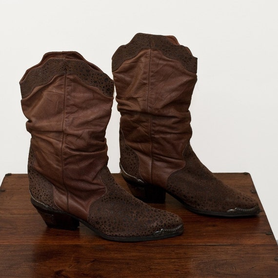 Vintage 80s Two Tone Brown Zodiac Brand Slouchy Cowboy BOOTS