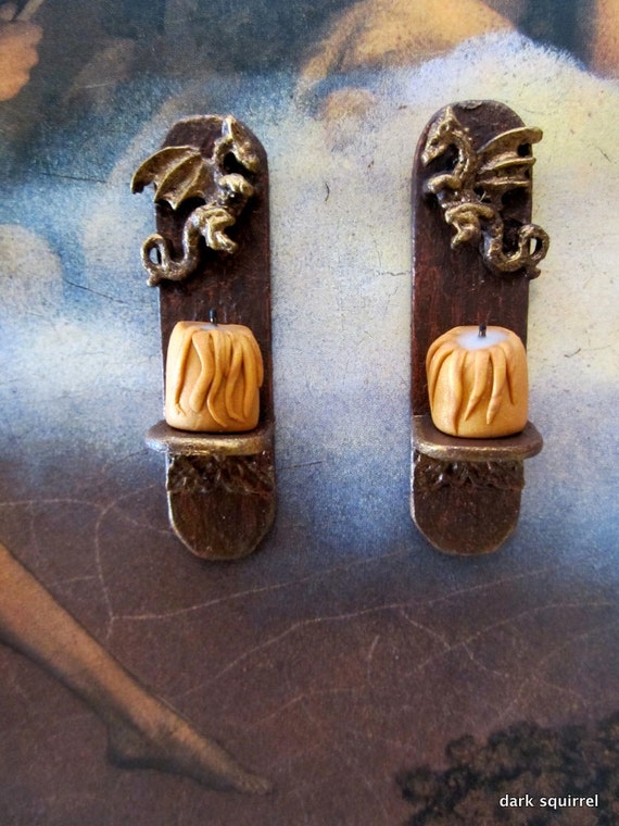 Medieval Dragon pair of Candle Sconces dollhouse miniature in