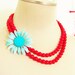 Vintage Aqua Blue Enamel Flower Necklace Asymmetrical Double Strand Cherry Red Glass Beaded Statement Necklace OOAK