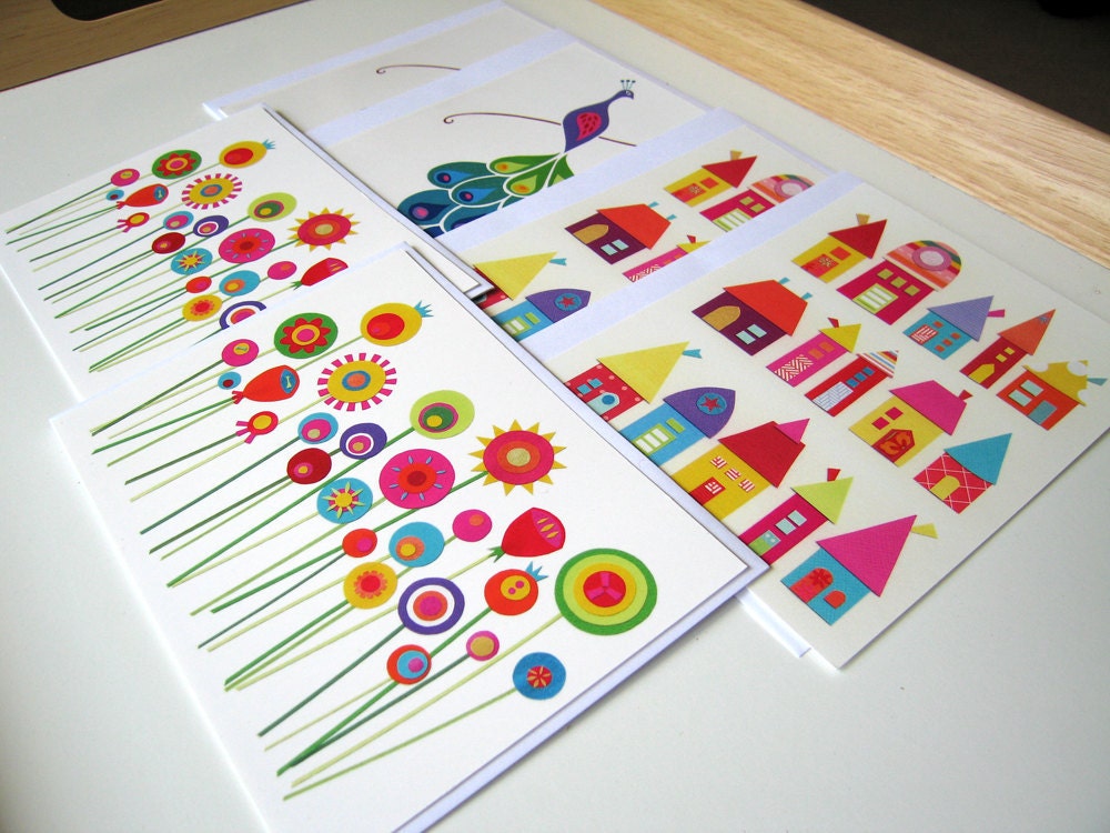 6 'houses peacock and flowers' Postcards with