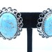 Large Unsigned Silver Tone Faux Turquoise Cabochon Clip on Earrings