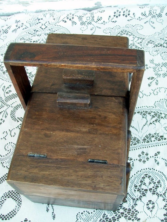 Vintage Wood Sewing Basket Accordion fold Out Style Dark Wood