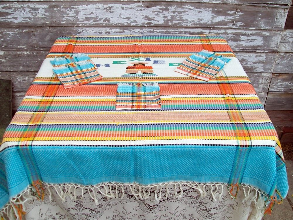 Vintage Mexican Tablecloth and Napkins Festive and colorful