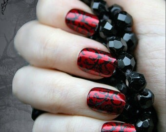 Japanese Nail Art- Red Gothic Baroque Press On Fake Nails, Goth, Gothic, Vampire, Halloween, False Nails Set, Fake Nails, Artificial Nails