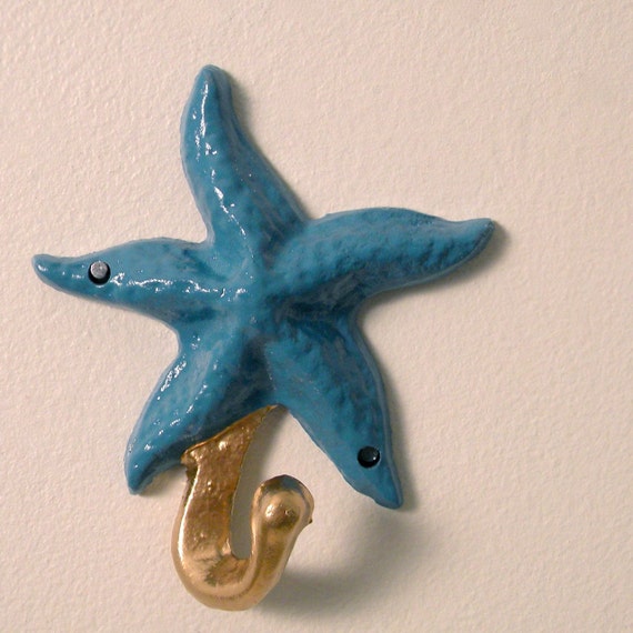 starfish wall hook turquoise and gold by monkeyandsquirrel on Etsy